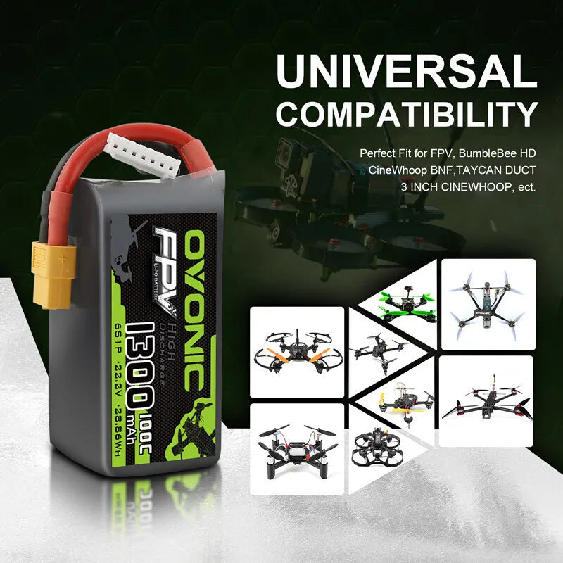 OVONIC 6S Lipo Batería 100C 1300mAh 22.2V Lipo Batería con conector OVONIC 6S Lipo Batería 100C 1300mAh 22.2V Lipo Batería con conector